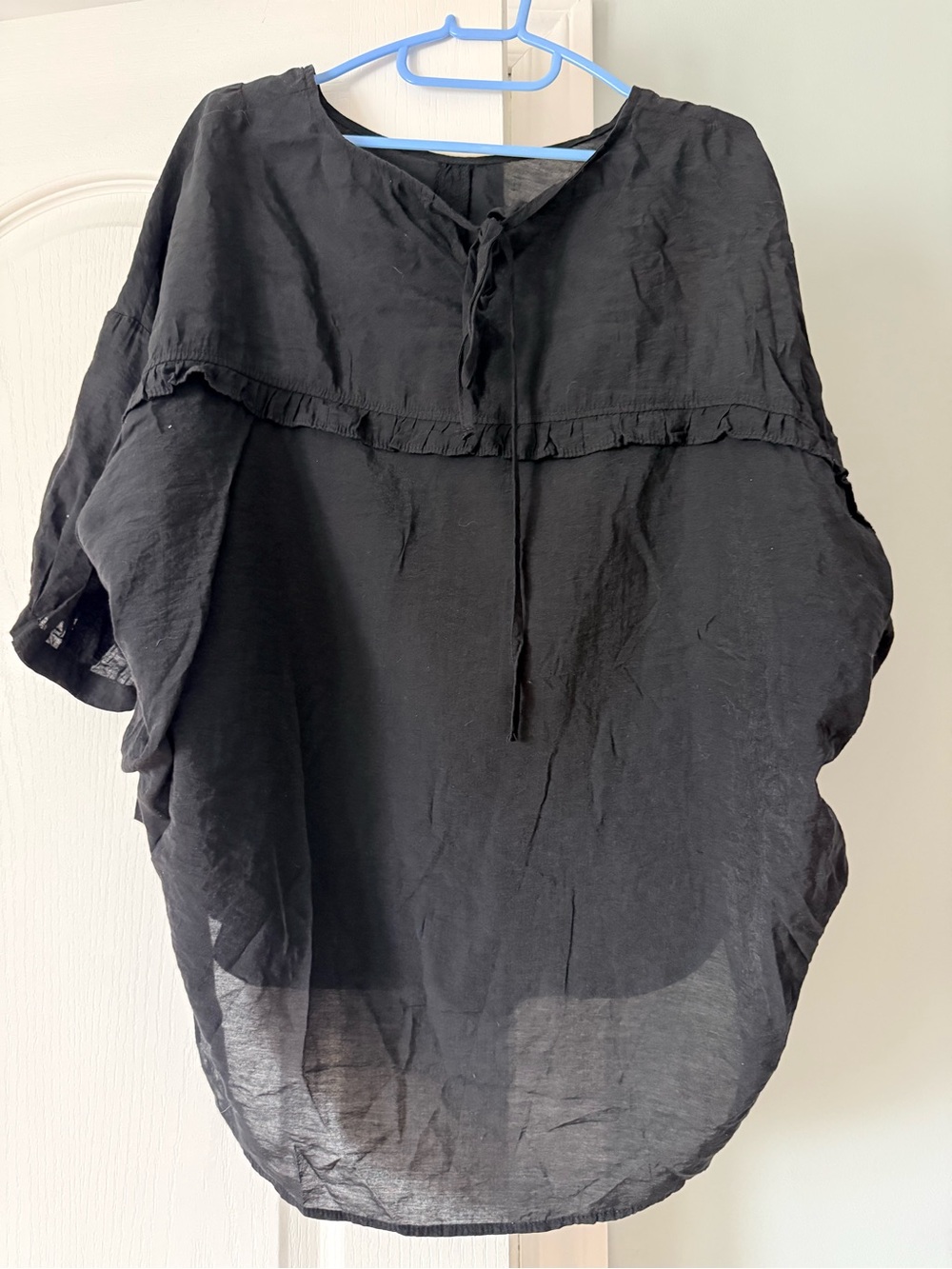 Black Lightweight Peasant Blouse with Tie Neck